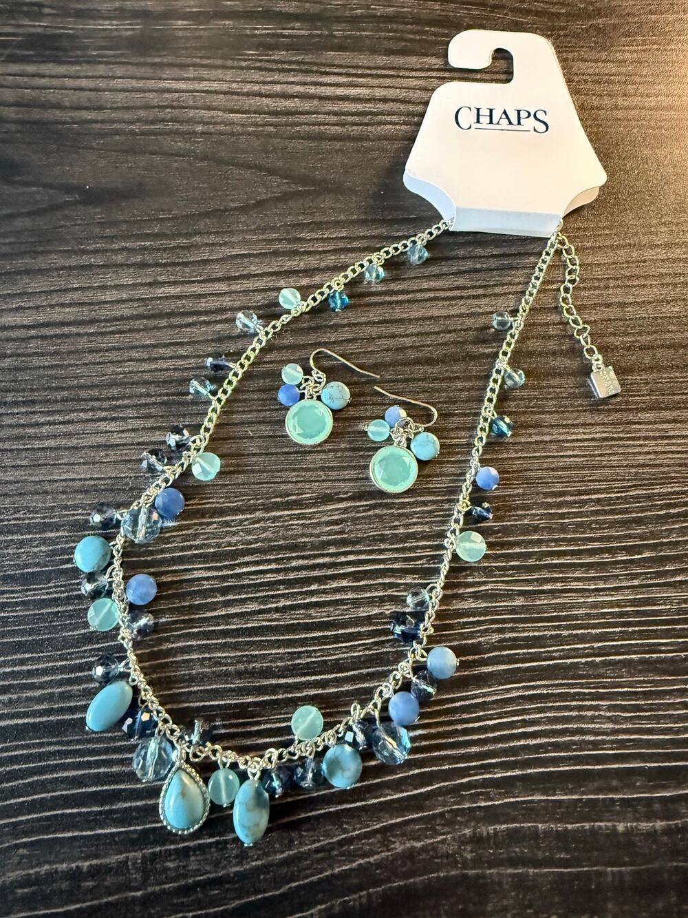 NWT Chaps Silver Tone Multi-Blue Cluster Bead Necklace & Earring Set